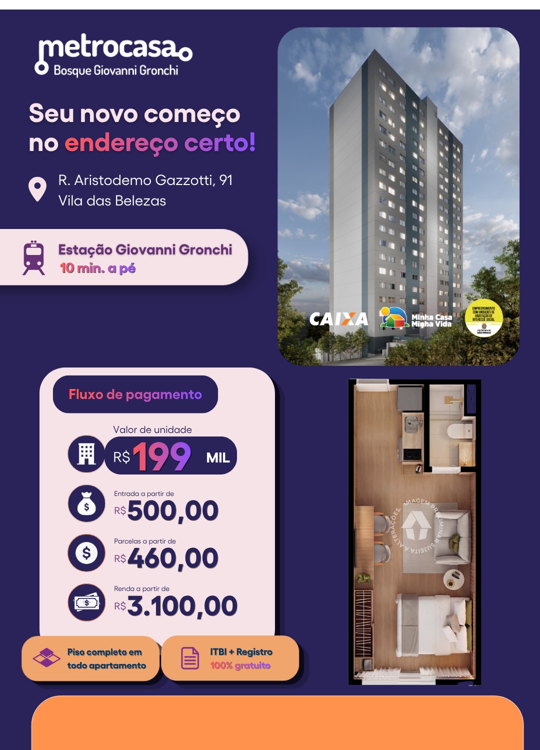 Metrocasa Bosque Giovanni Gronchi: render do prédio, planta baixa e condições de pagamento