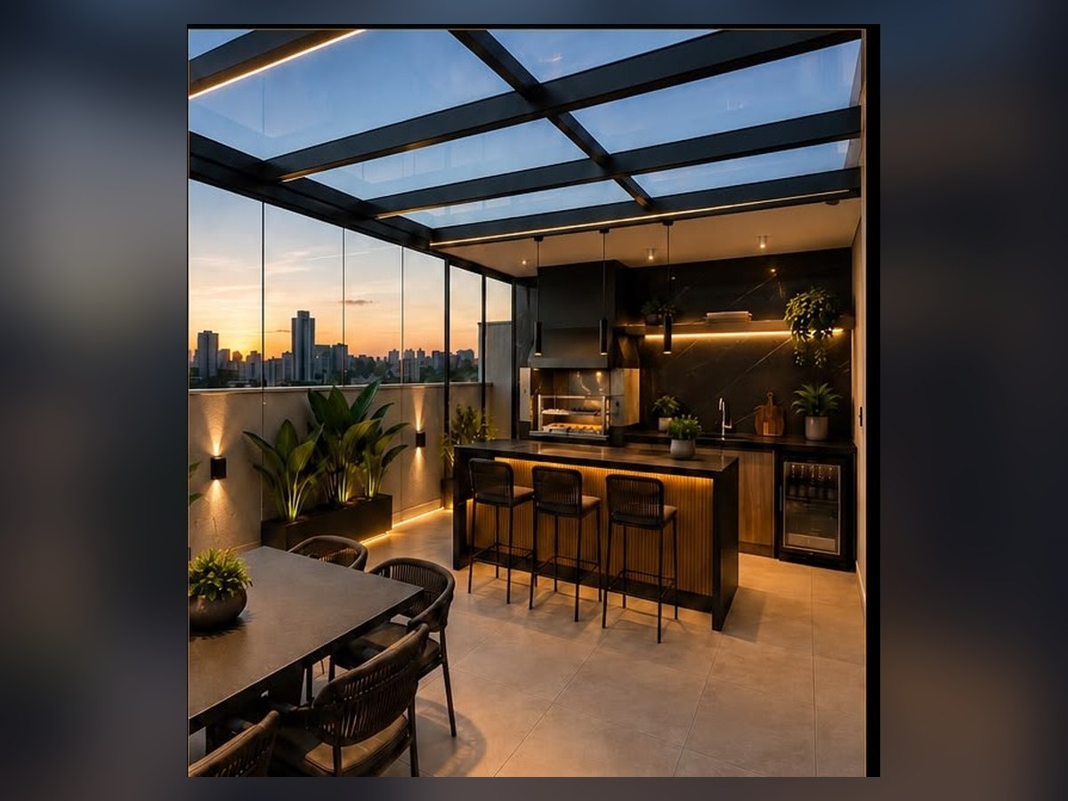 Metrocasa Santo Amaro: varanda gourmet envidraçada com churrasqueira e vista da cidade — imagem 1 de 4