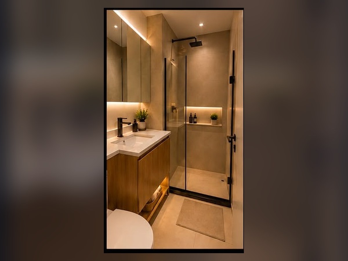 Metrocasa Santo Amaro: banheiro com bancada, box de vidro e nichos iluminados — imagem 3 de 4