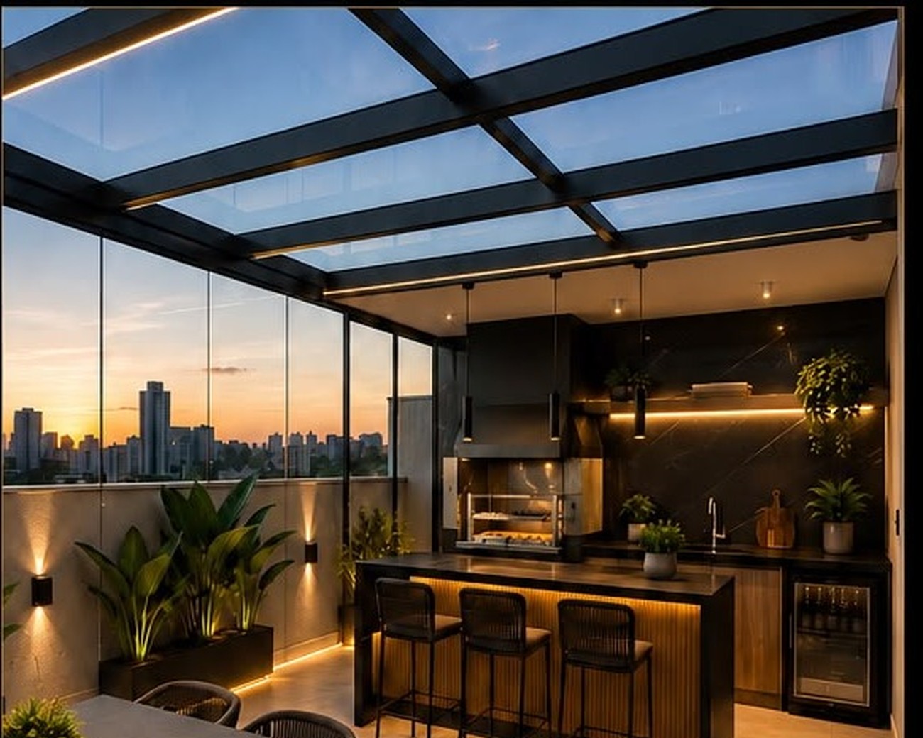 Varanda gourmet envidraçada com churrasqueira, bancada e vista da cidade ao pôr do sol, na cobertura duplex do Metrocasa Santo Amaro